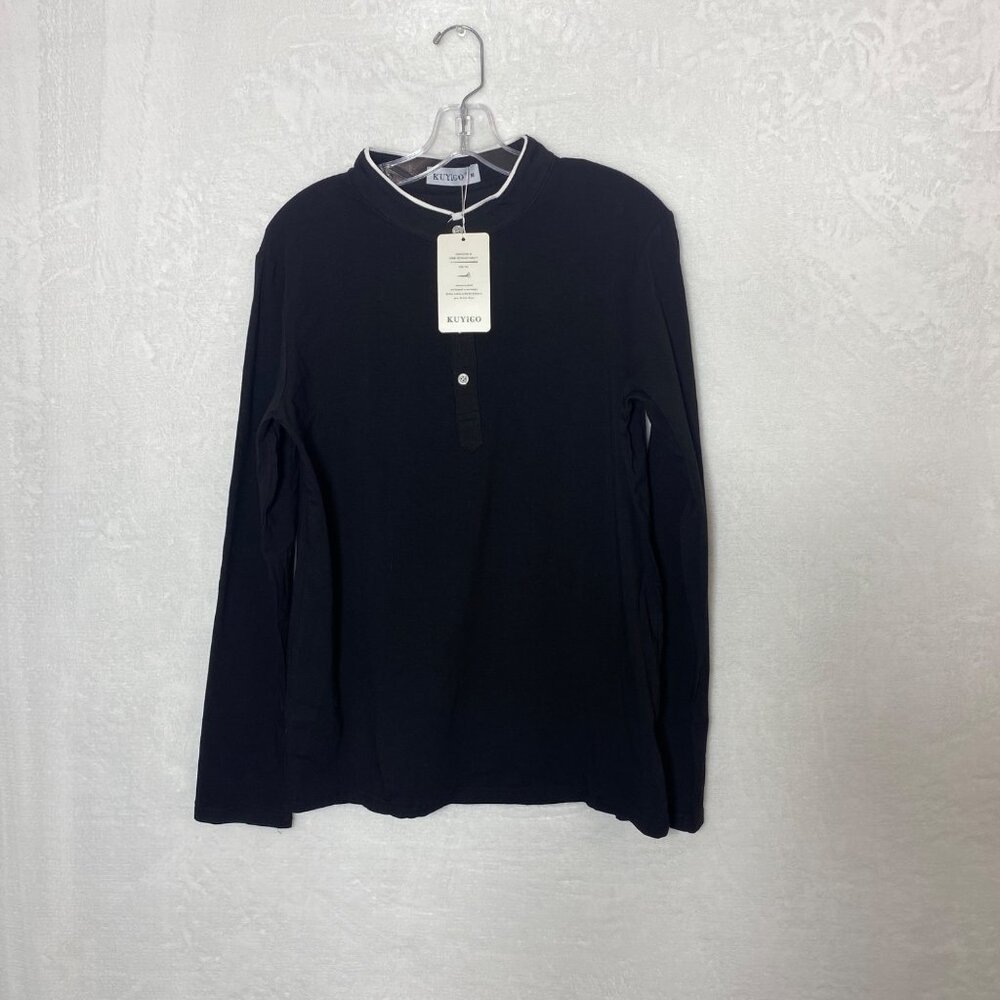 Kuyigo Mens Black Long Sleeve Henley Shirt M Cotton NWT Golf‎ Career Activewear